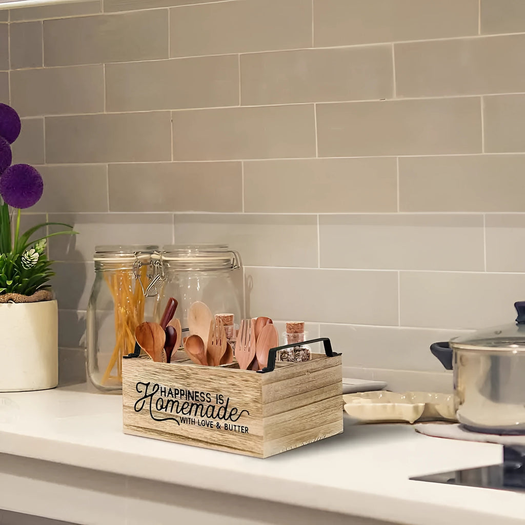 Wooden kitchen tableware storage box with grid divider for utensil organisation