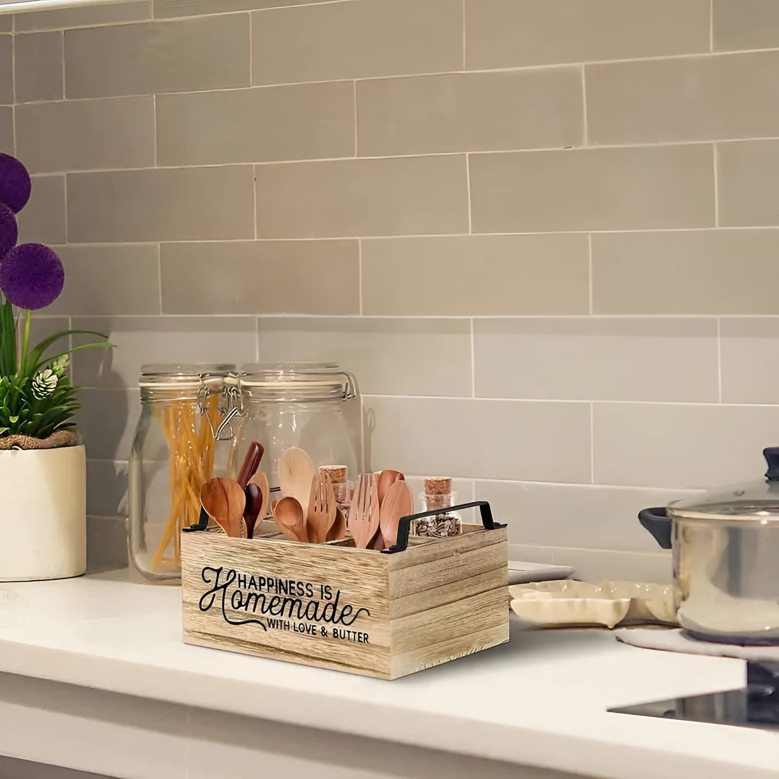 Wooden kitchen tableware storage box with grid divider for utensil organisation