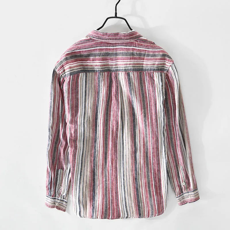 Men's casual linen striped shirt with long sleeves in grey colour option showing loose fit design
