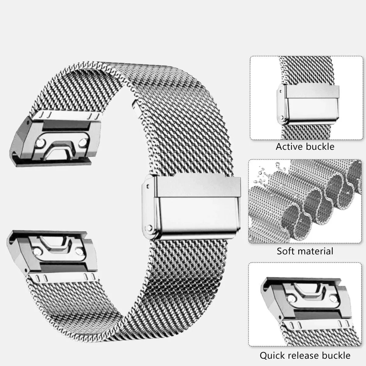 Stainless steel card holder strap for Garmin Fenix smartwatch in silver, black, gold, and rose gold.