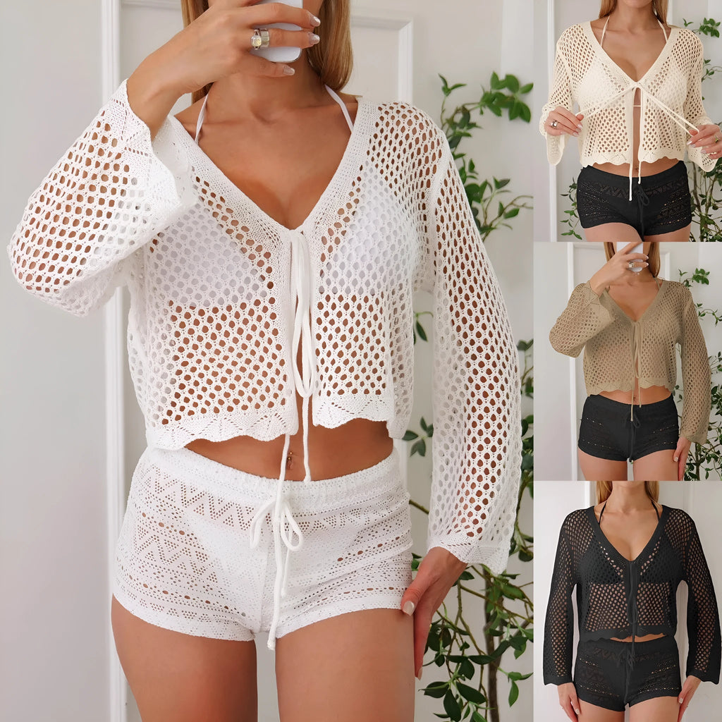 Short apricot women's cardigan blouse with bell sleeves made from thin hollow woven fabric.