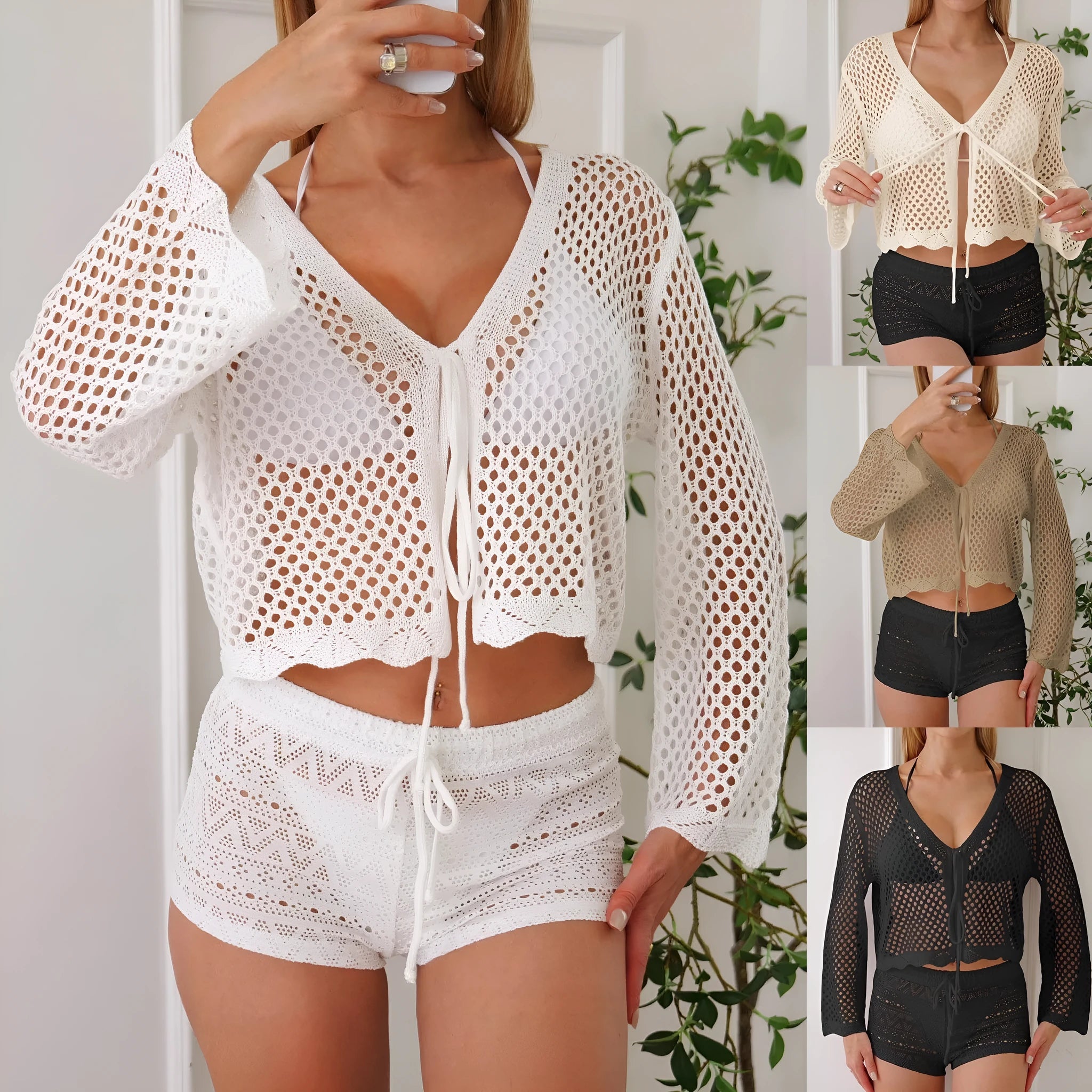 Short apricot women's cardigan blouse with bell sleeves made from thin hollow woven fabric.