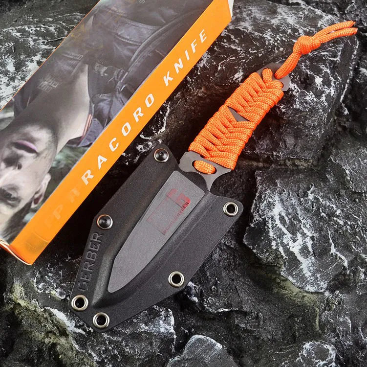 Outdoor camping survival knife with 80mm sanded 5Cr15 blade and rope handle