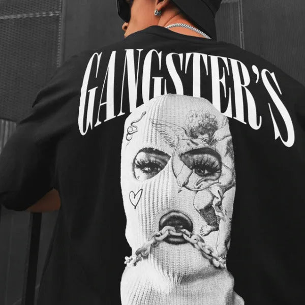 Men's black loose-fit letter print short-sleeve T-shirt imitation cotton fabric