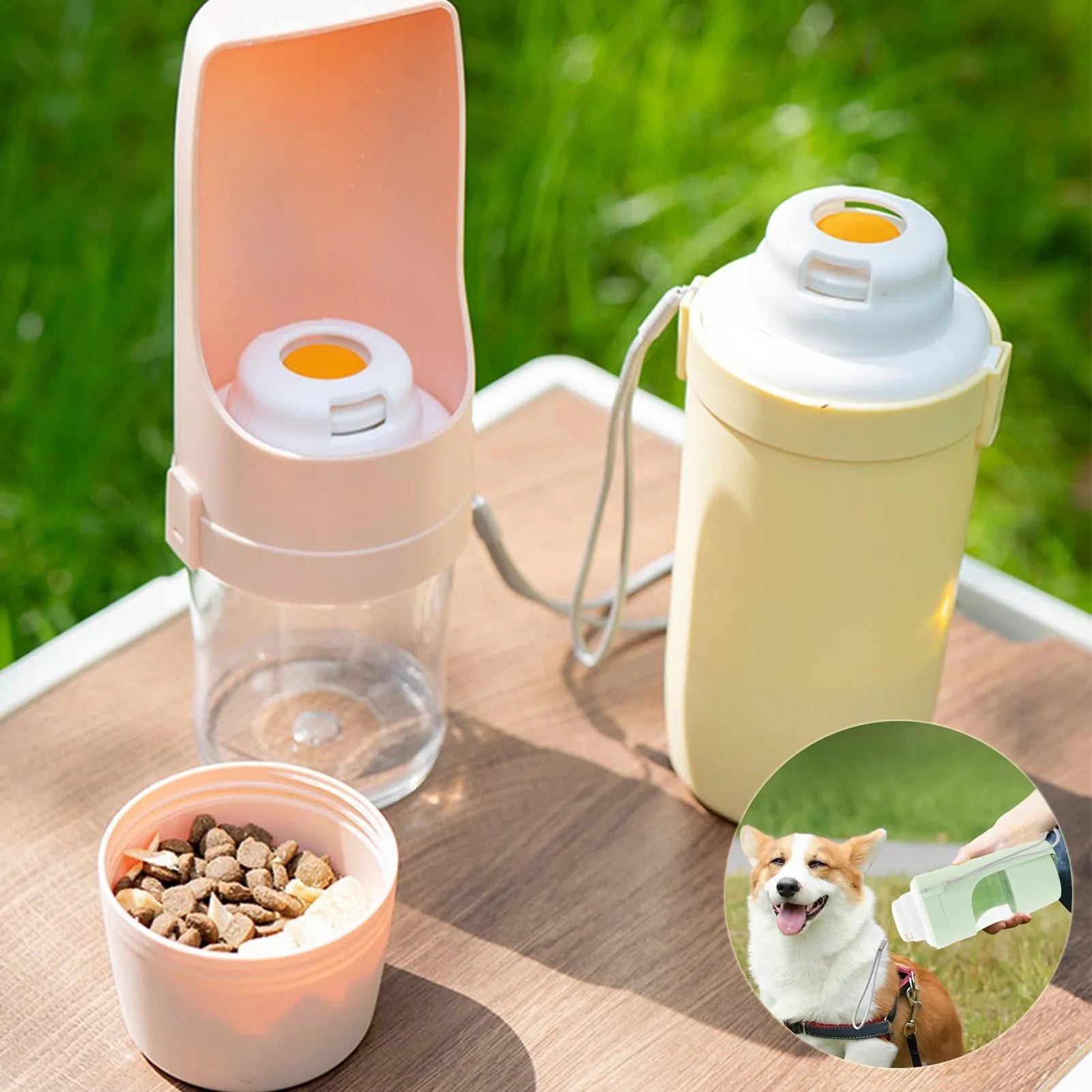 2 In 1 Travel Dog Water Bottle 690ml PP PET pet water dispenser feeder with lanyard for outdoor walks