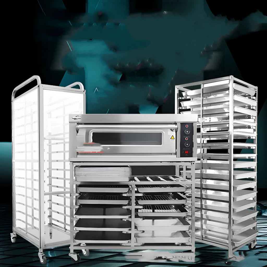 Six-tier stainless steel bakery cooling rack with locking mechanism and 40x60cm tray size