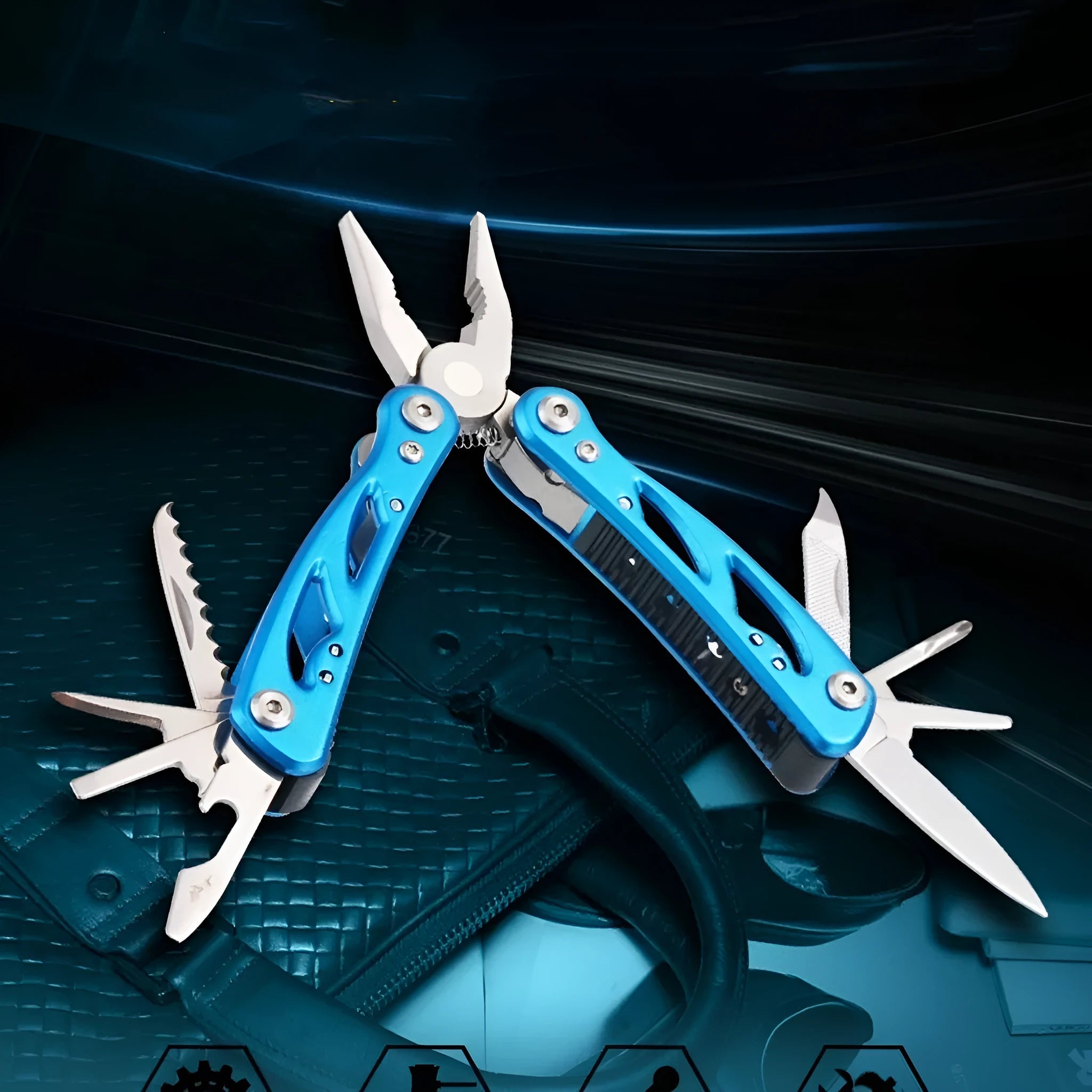 Blue folding outdoor pliers with fruit knife, 125mm, on Oxford storage bag