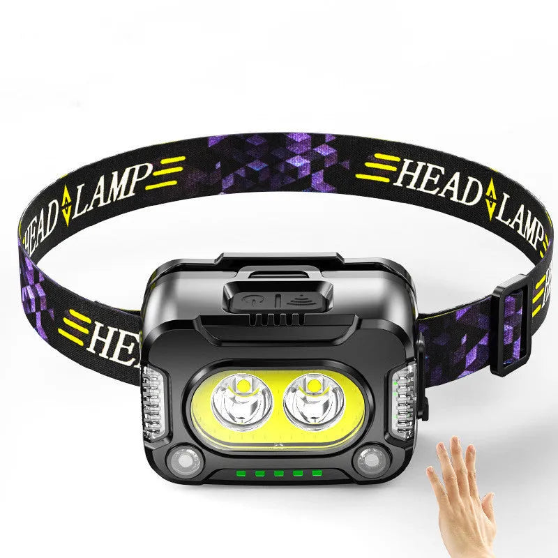 Black COB light sensing headlamp for night running and fishing with 200m exposure distance
