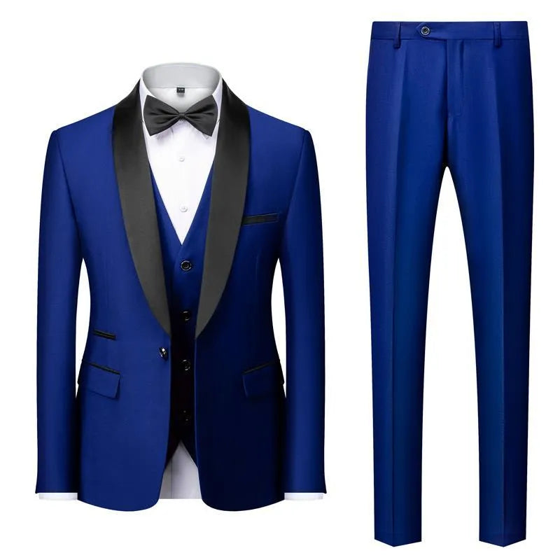 Men's slim-fit three-piece suit set in green fruit collar style, cotton blend fabric, for wedding and stage use.