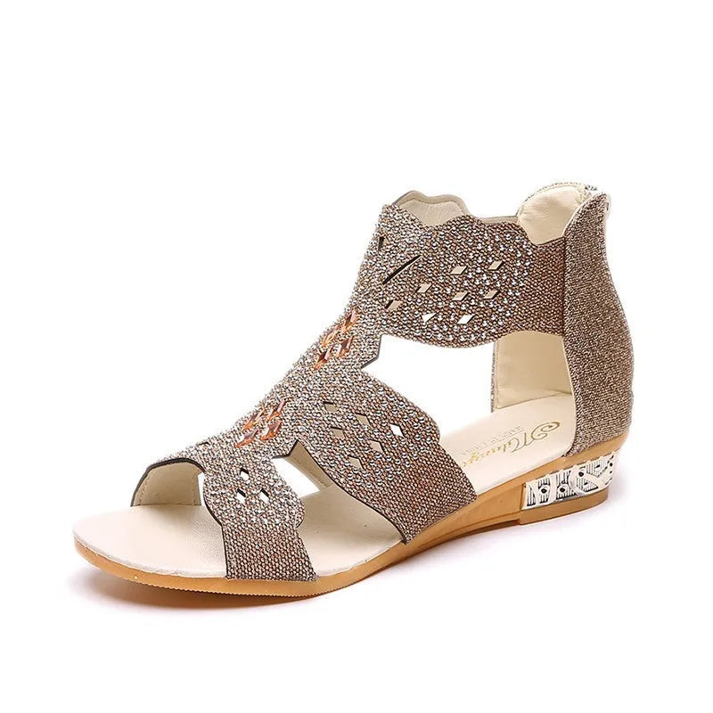 Women's flat casual sandals open toe rhinestone hollow design in black with back zipper