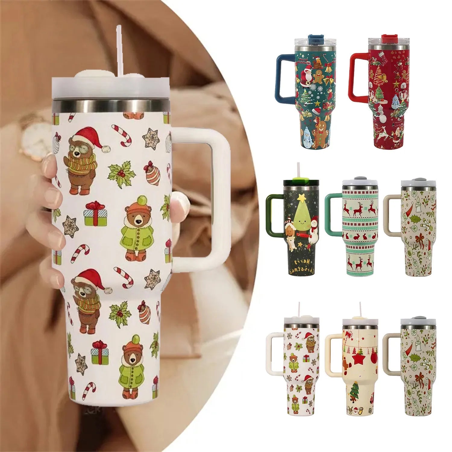 Christmas pattern stainless steel vacuum tumbler with handle and straw, 1200ml capacity, leakproof lid