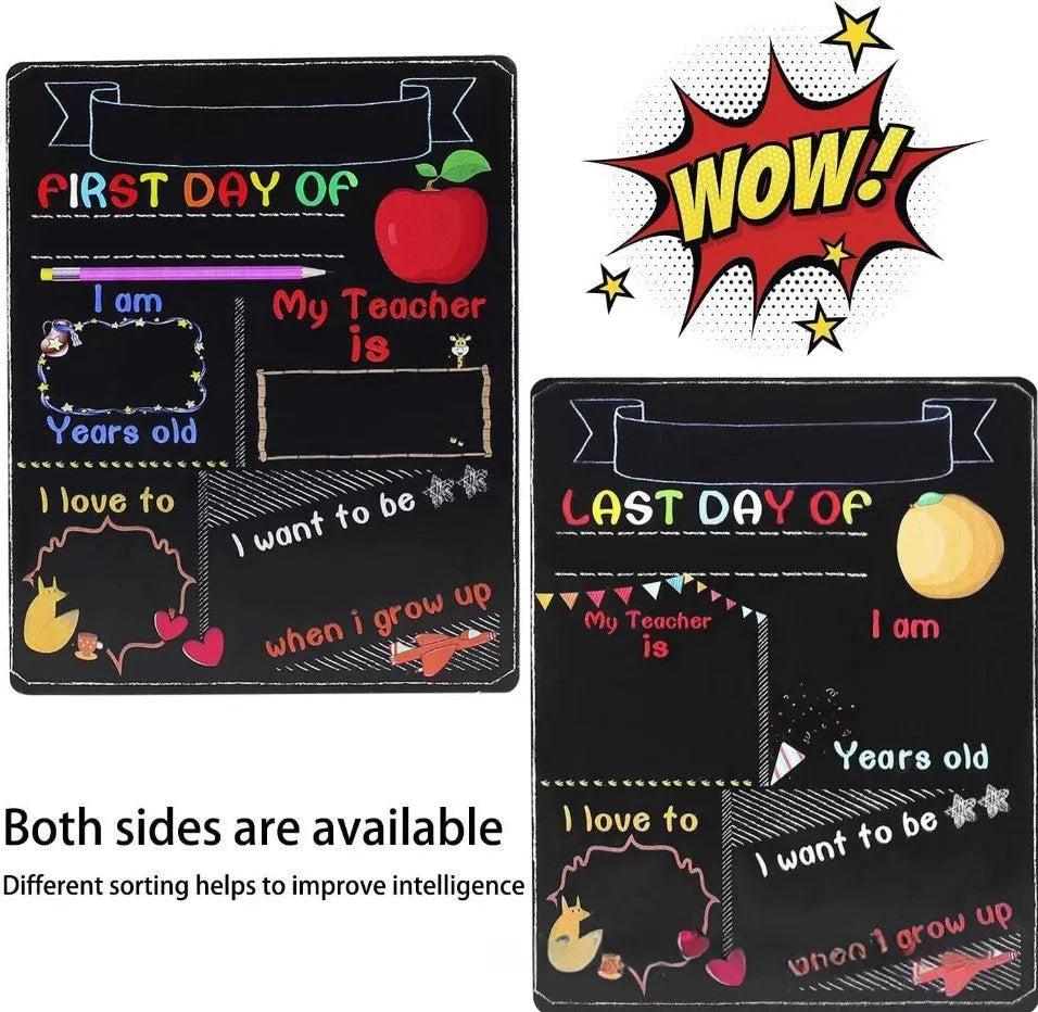 Wooden first day of school blackboard sign with modern design showing dimensions