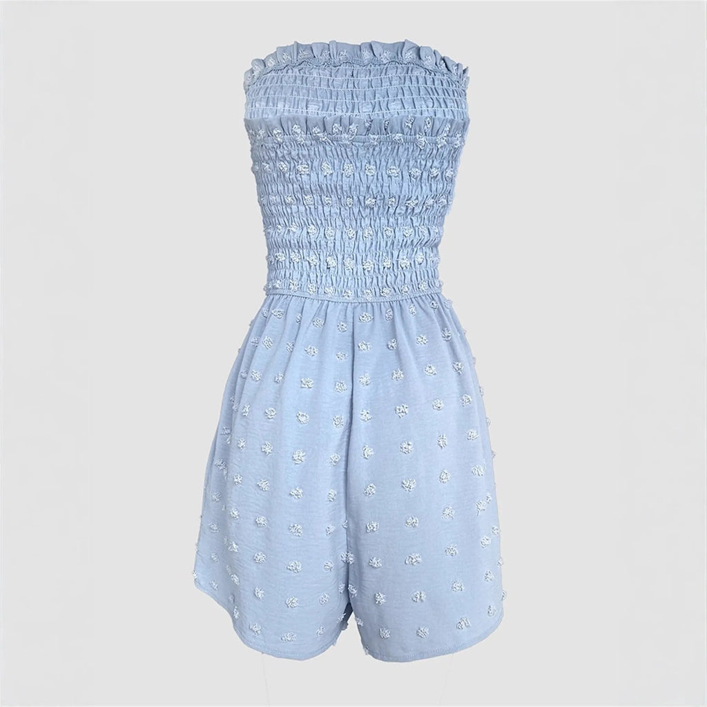 Women's blue off-shoulder sleeveless jumpsuit with button details and mid waist design