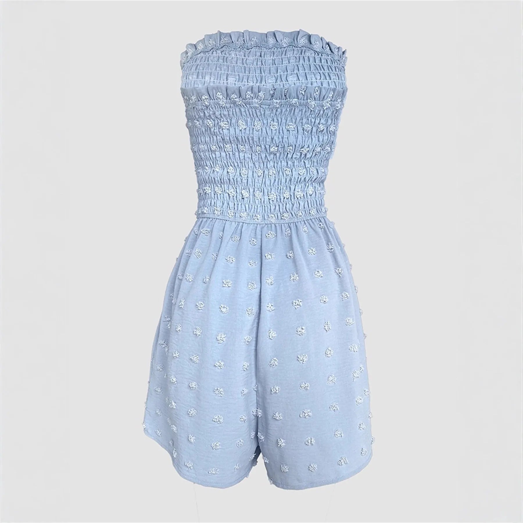 Women's blue off-shoulder sleeveless jumpsuit with button details and mid waist design