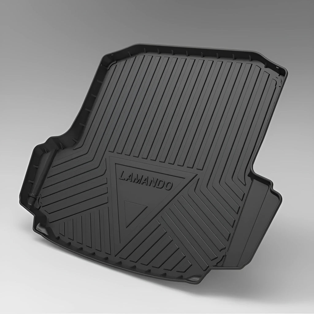 Black carbon fibre pattern TPE boot liner for a Special Car, showing textured surface and custom fit.