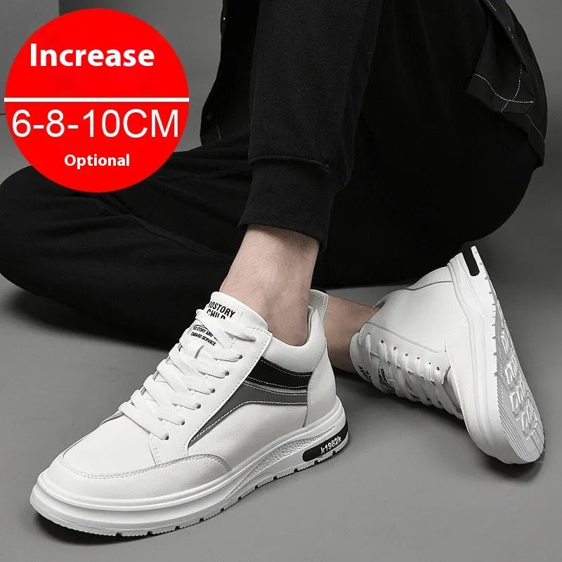 Men's height increase casual sneakers with hidden elevator insole, microfiber upper, lace-up closure, round toe