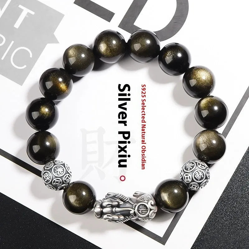 S999 silver natural obsidian bracelet for men, polished geometry shape, 12mm size