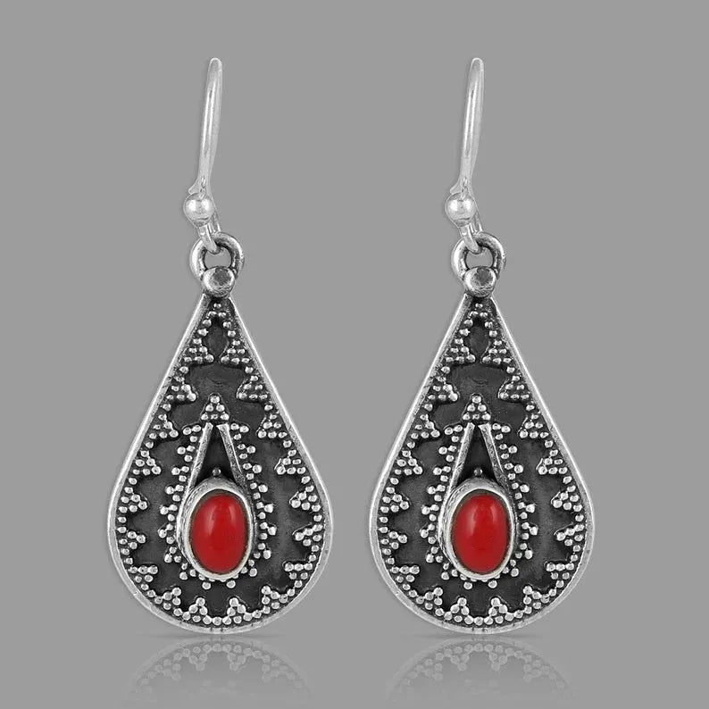 Silver water drop earrings with red pine gemstone in retro style for women