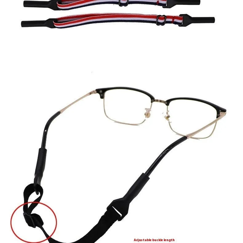 Black adjustable glasses strap with silicone earpiece ends for adult and children's eyewear security
