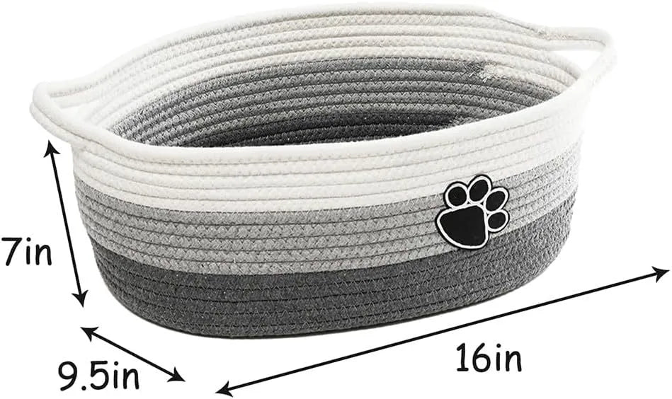 Light beige handmade woven cotton rope storage basket with wood handle, dimensions 34x26x15cm.