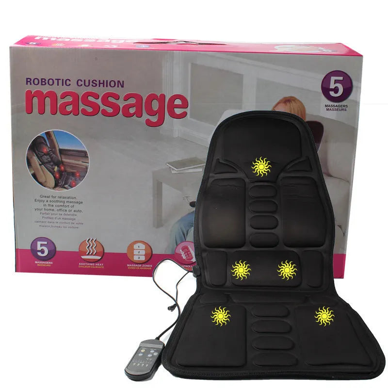 Black heating massage mat with infrared function and a separate seat cushion on a floor.