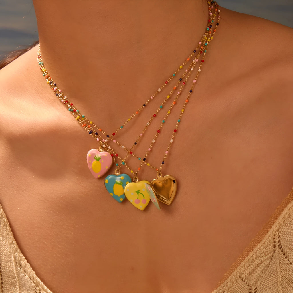 Women's gold-plated stainless steel necklace with fruit heart pendant on adjustable chain