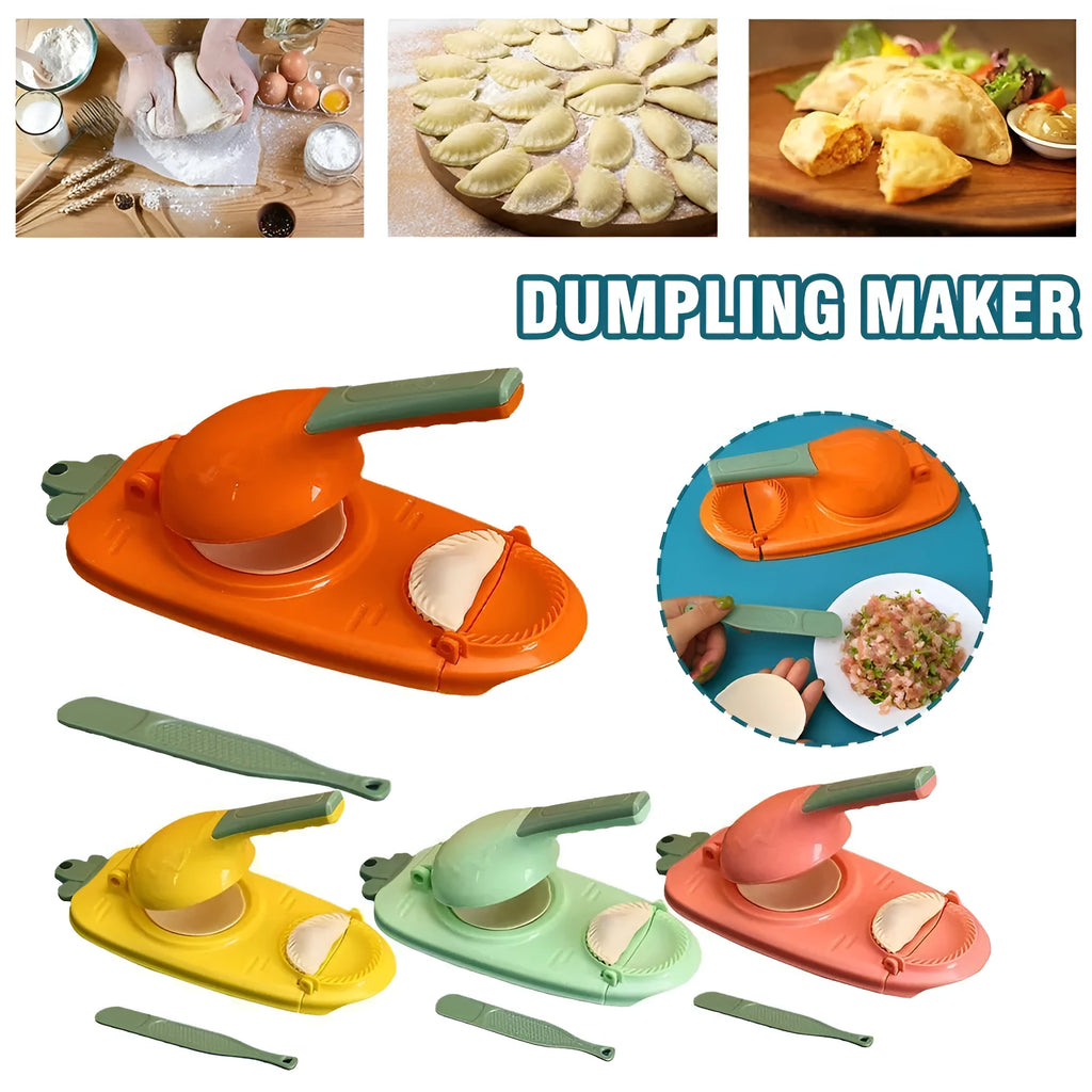 2-in-1 dumpling skin press tool in orange, made of food-grade plastic, with ergonomic handle and hanging hole
