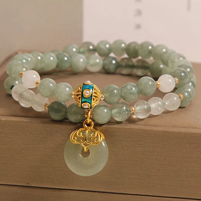 Women's aventurine double-layer crystal bracelet with peace buckle clasp in oil green jade colour