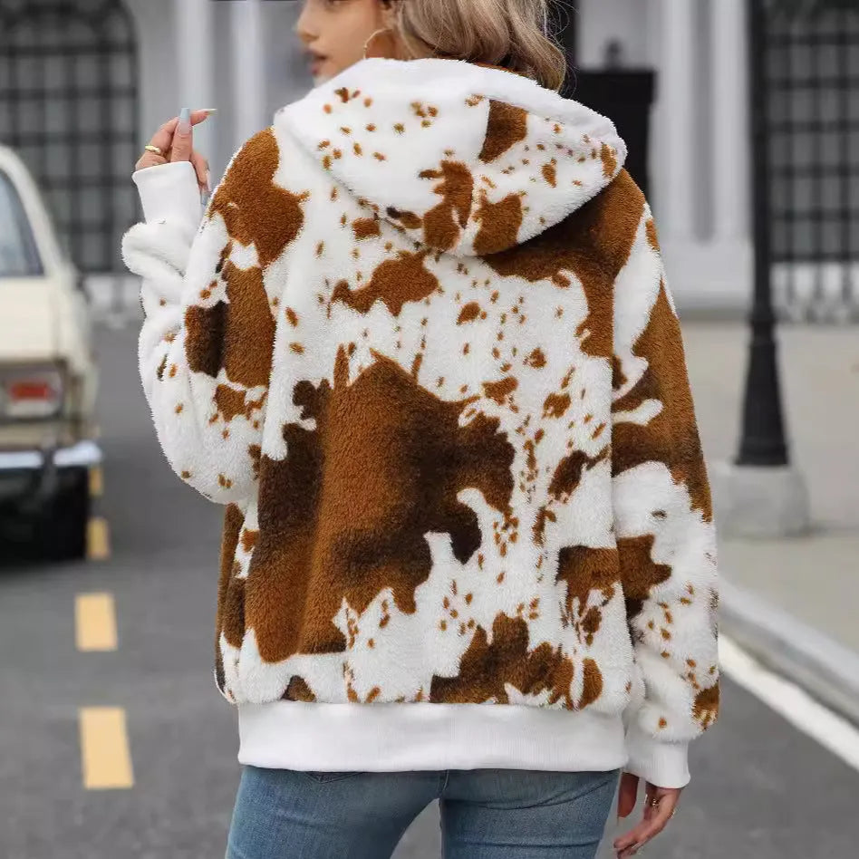 Yellow-brown animal print hooded cardigan jacket with zip front and plush fabric