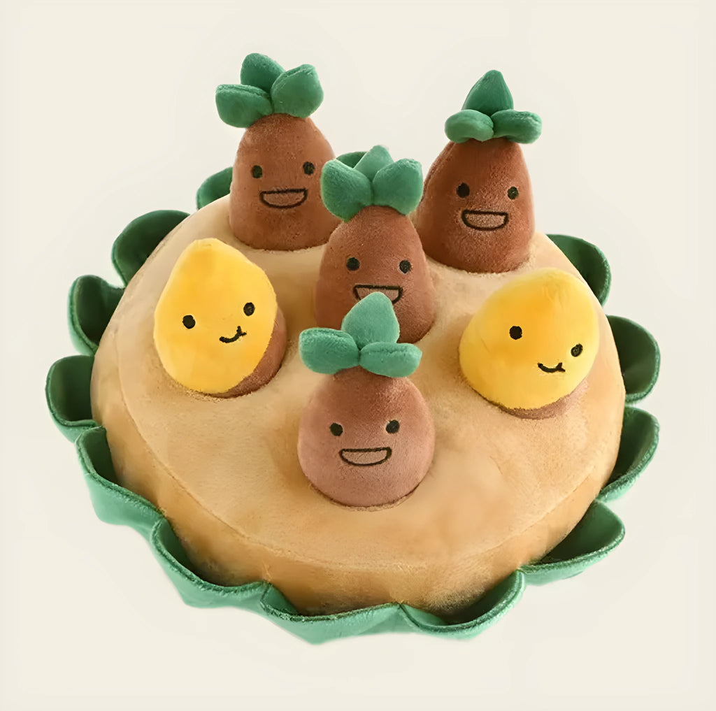 Yellow dog puzzle mat with removable squeaky plush toys for slow feeding and foraging games