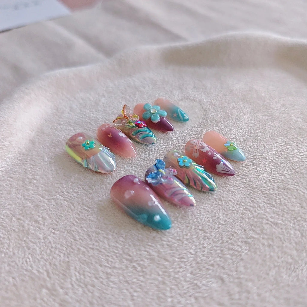 Handmade colourful flower and butterfly nail art sculptures in sizes XS, S, M, L.