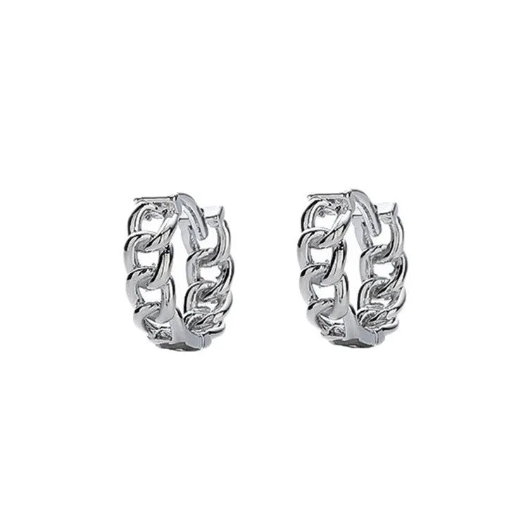 Simple geometric men's silver-tone earrings on a plain background showing front and side views.