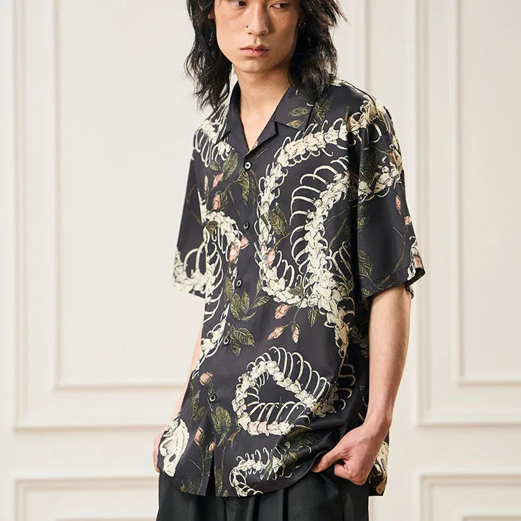 Short sleeve Cuban collar shirt with snake bone and flower pattern print in loose fit