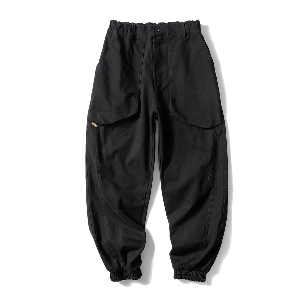 Solid colour large pocket tapered casual pants in black, ankle tie design, cotton loose fit Japanese retro style
