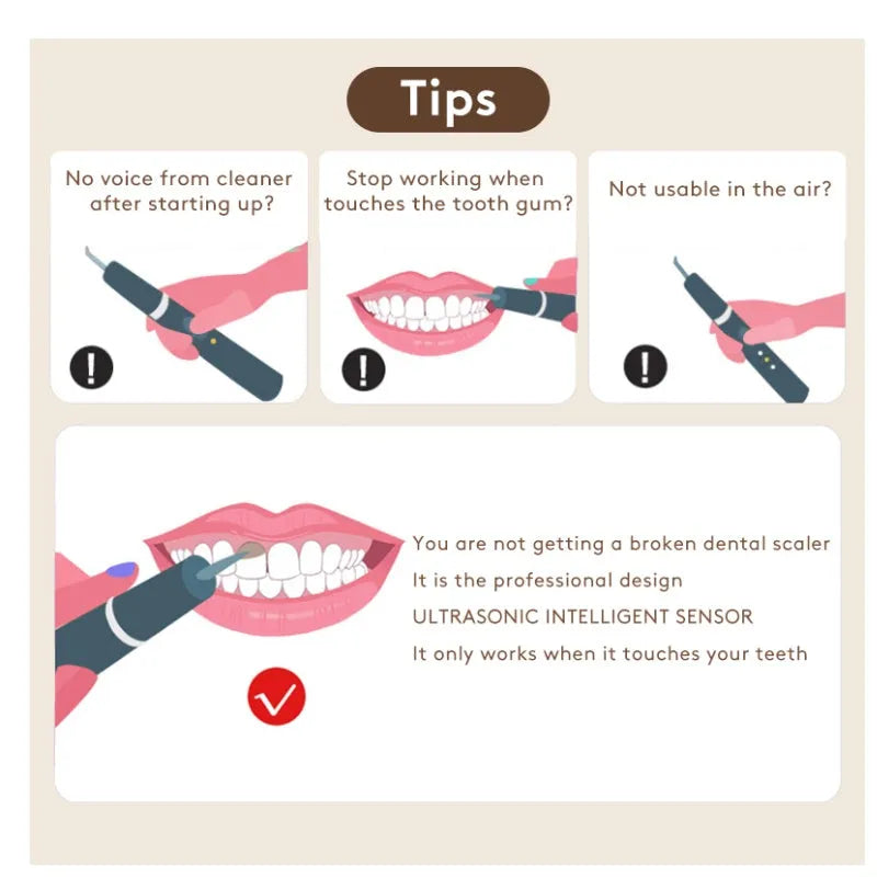 Gold-coloured handheld ultrasonic tooth cleaning device for removing tartar and stains.
