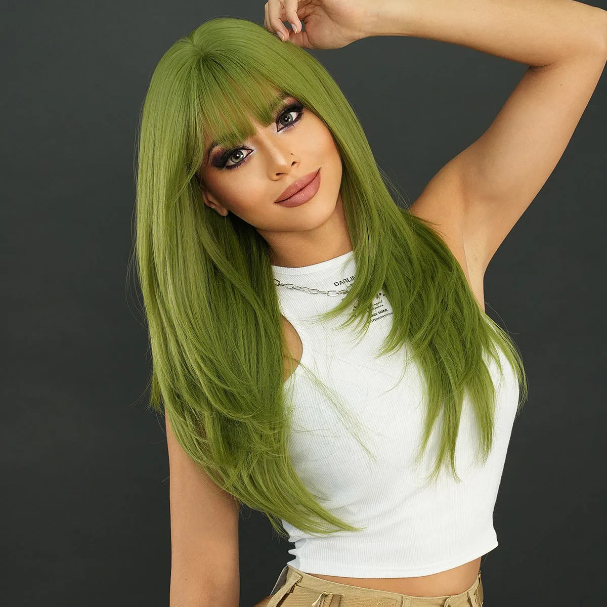 Vanilla green long straight women's wig with bangs, 63cm domestic silk, non-thermal dye