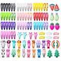 100 assorted metal snap hair clips for girls in candy colours with cartoon animals, fruits, crowns, and star designs