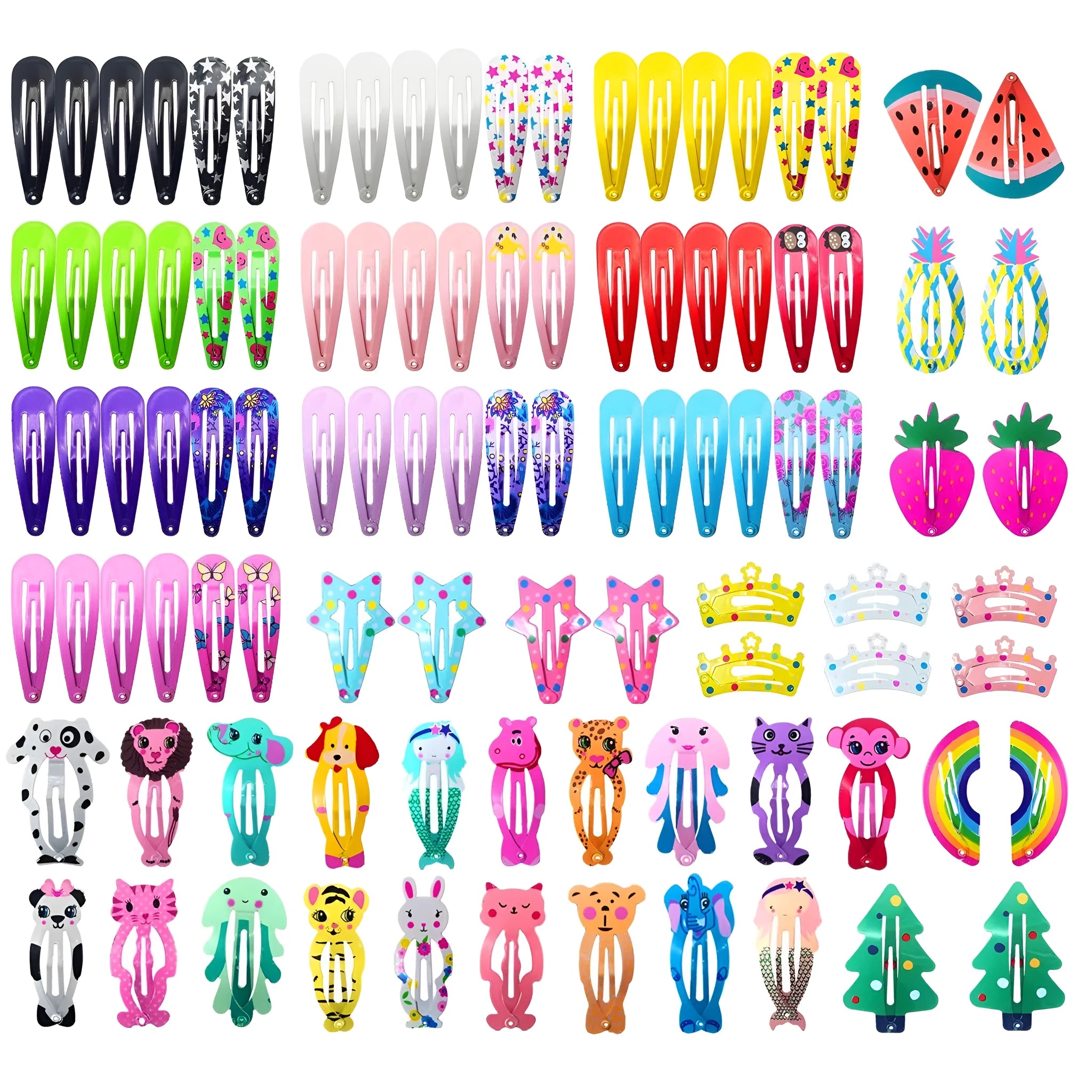 100 assorted metal snap hair clips for girls in candy colours with cartoon animals, fruits, crowns, and star designs