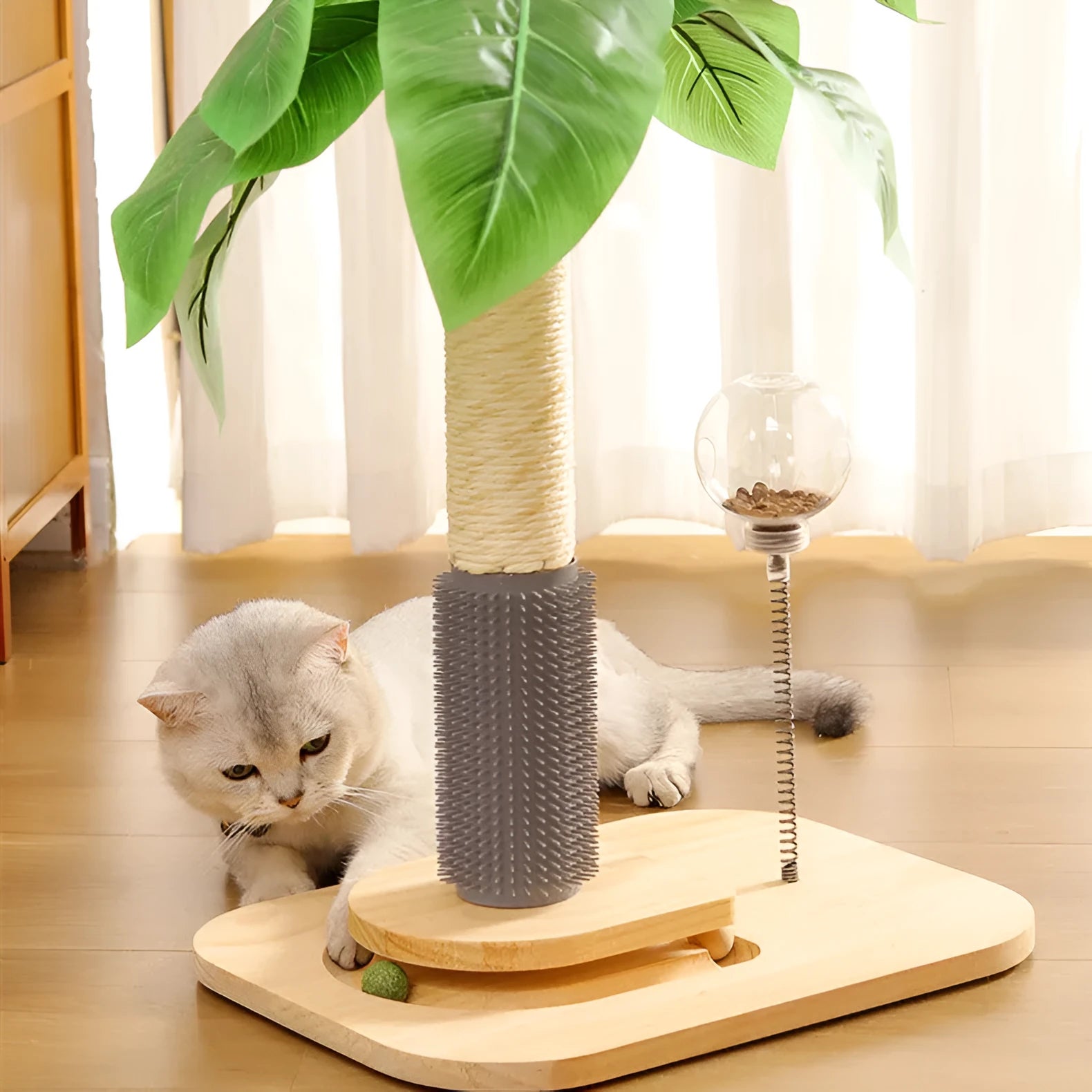 Vertical wooden cat scratching post with canna coloured finish on a simple background.