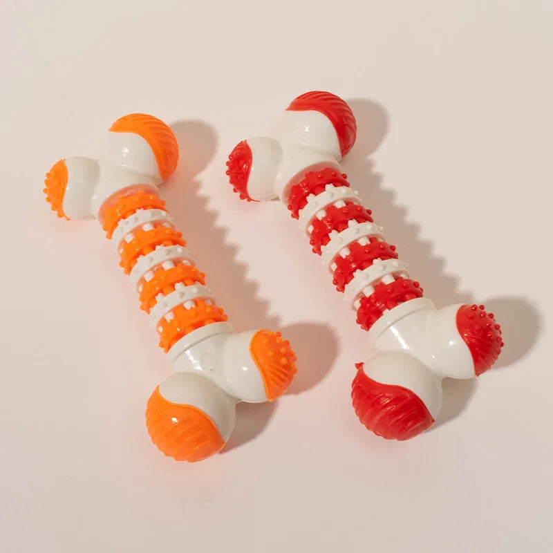 Blue, orange, and red bone-shaped interactive dog toy with treat holder for small breed dogs
