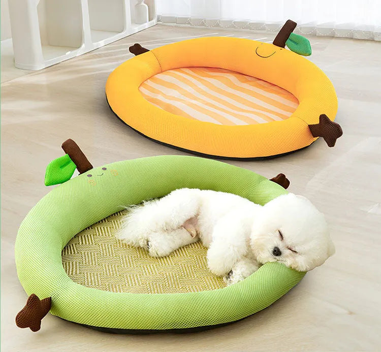 Green bear design pet cooling nest mat with raised edges and a fruit-shaped backrest.