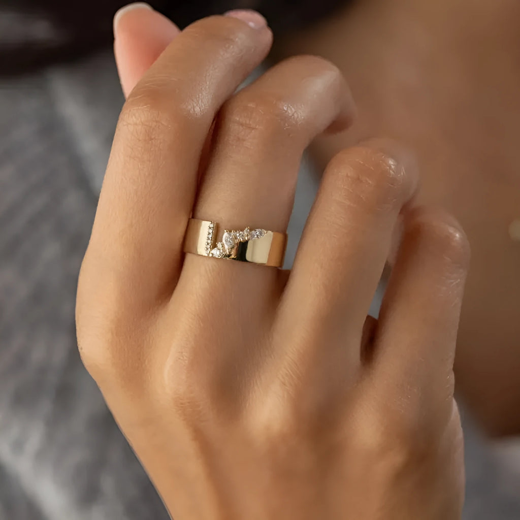 Gold-plated copper ring with shining zircon stones showing side and top views