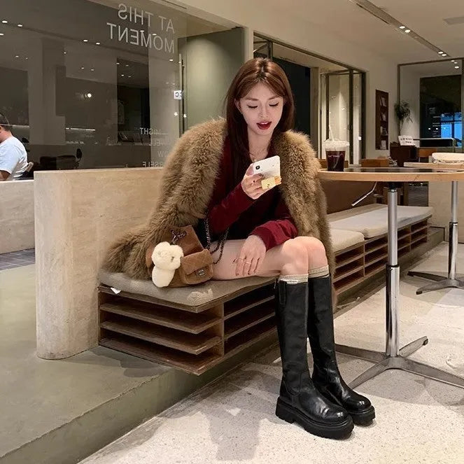 Round head chunky heel long tube knight boots in black, back zipper, microfiber upper, sizes 35-40