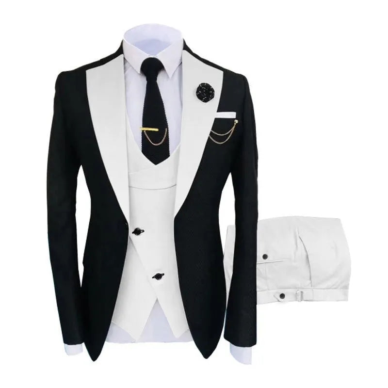 Men's slim fit three-piece cotton business suit with vest, coat and trousers