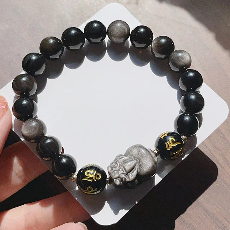 Men's Chinese-style silver stone bracelet with hand-crafted beads featuring zodiac and proverb inscriptions.