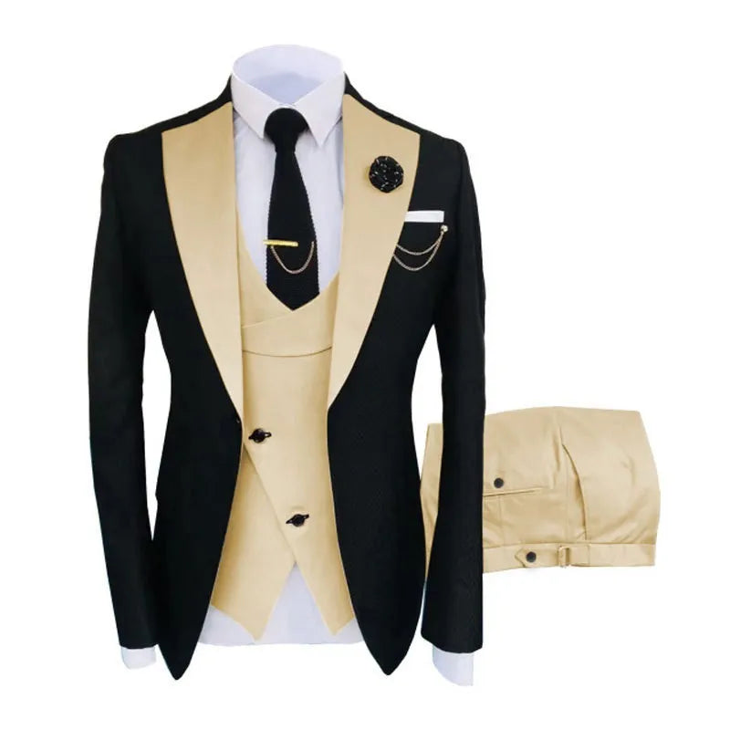 Men's slim fit three-piece cotton business suit with vest, coat and trousers