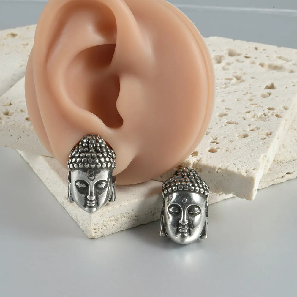 Stainless steel hollow skull Buddha earrings with geometric design in electroplated colours