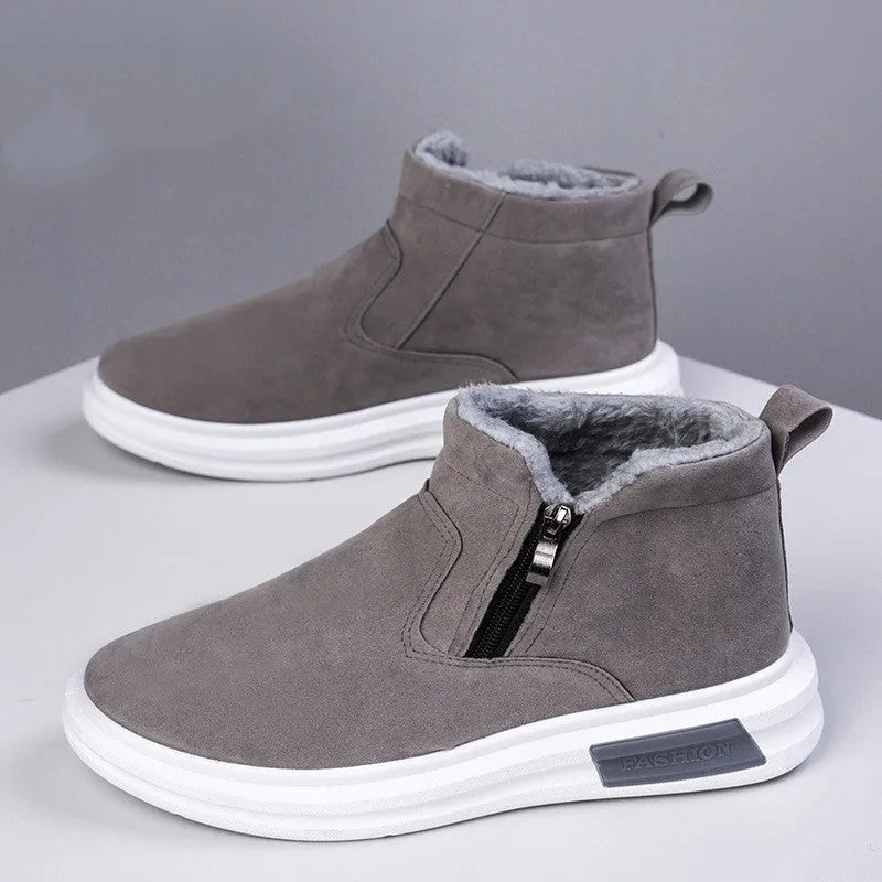 Men's fashion snow boots in black with side zipper, cotton upper, and flat wedge heel