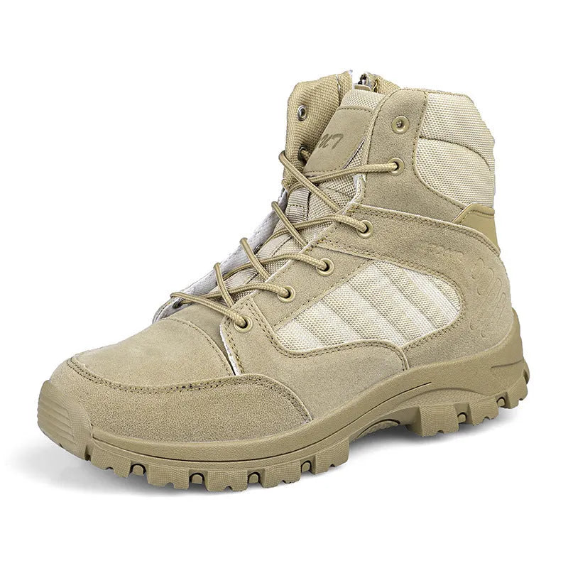 Men's high-top hiking shoes in black camouflage with artificial PU upper and metal element detail
