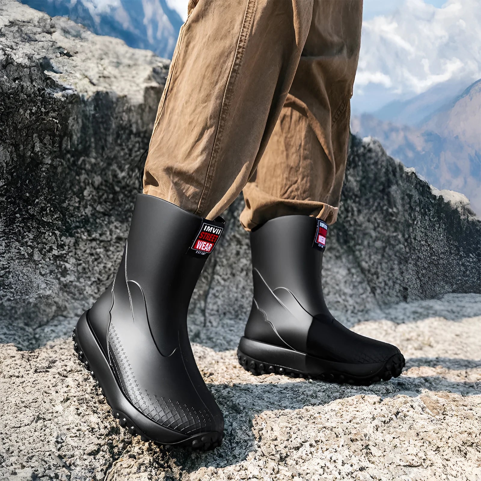 Men's mid low tube PVC rain boots in black, non-slip sole, flat heel, round toe